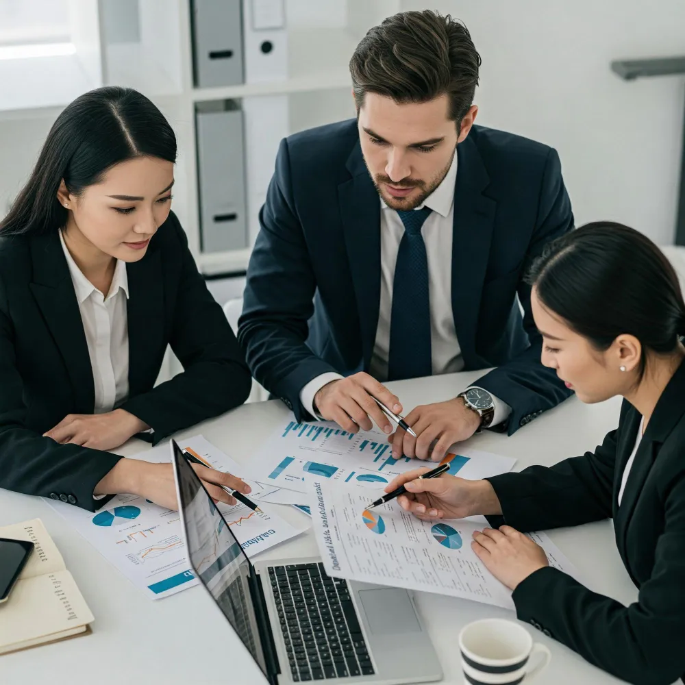 Business professionals reviewing financial reports with a laptop