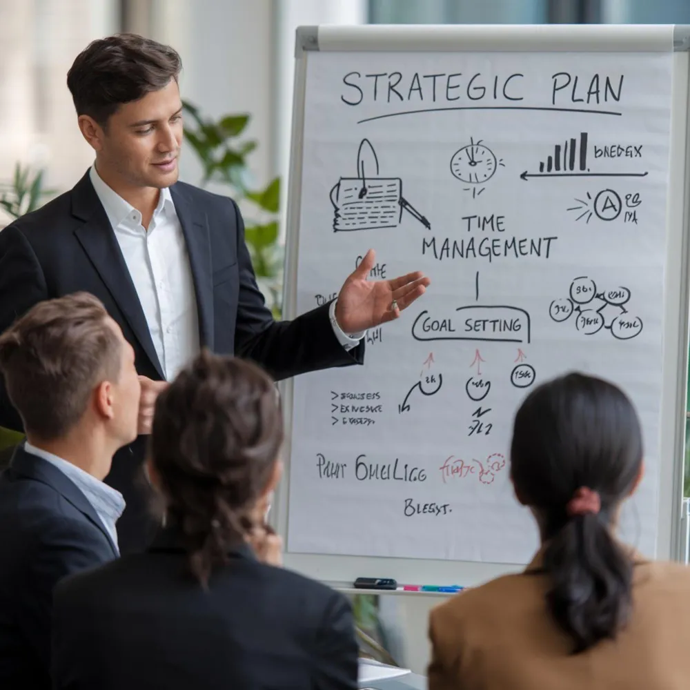 Business meeting with a presentation on a strategic plan.