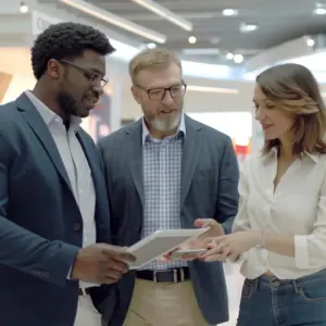 Business professionals using a tablet and smartphone during a discussion