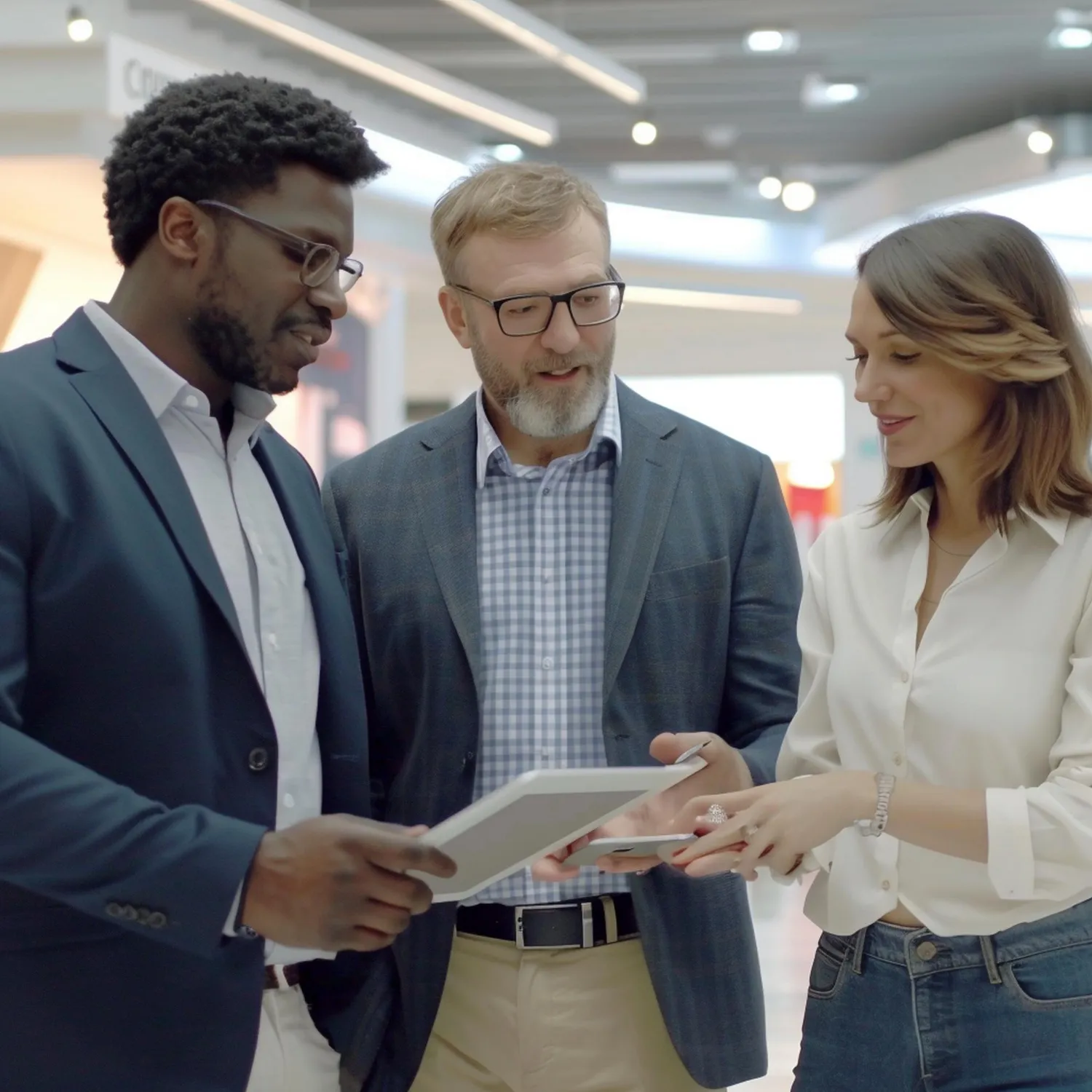 Business professionals using a tablet and smartphone during a discussion