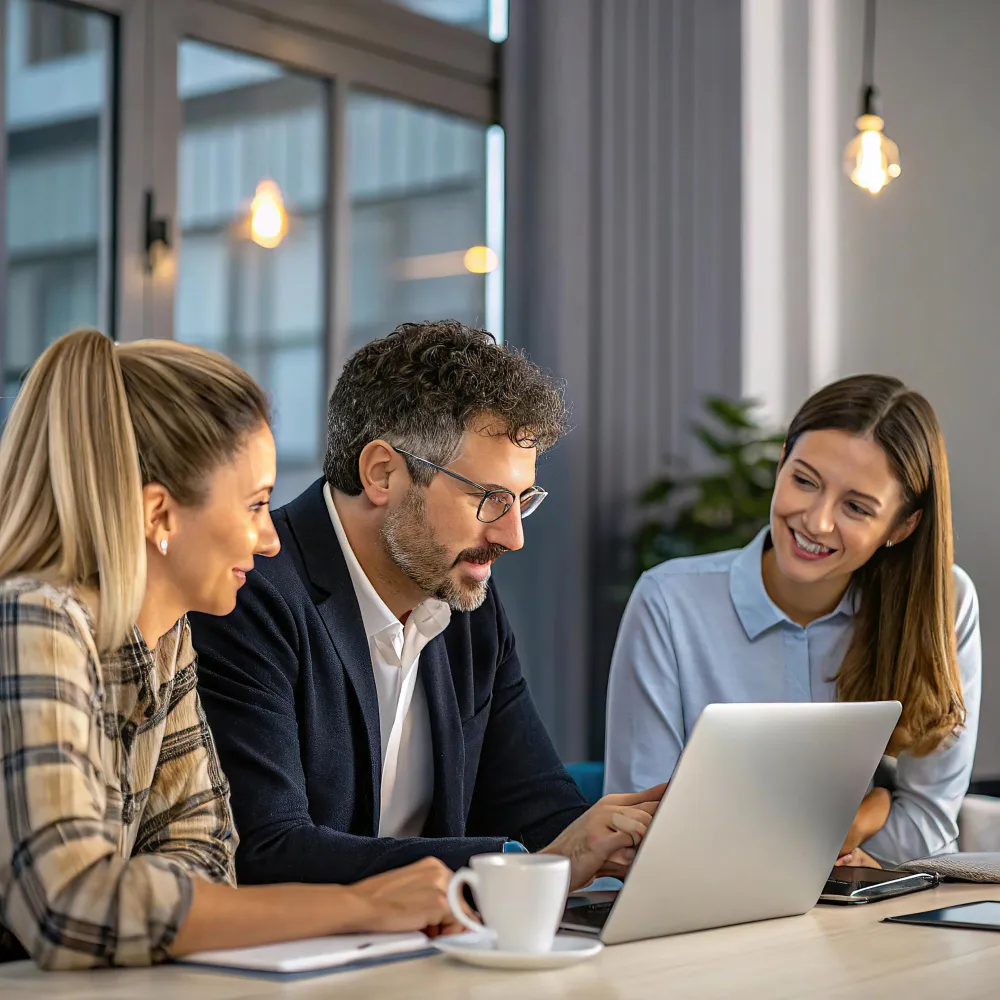 Team collaborating around a laptop in an office