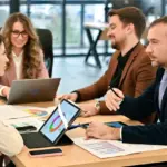Business executives discussing data on a laptop during a meeting