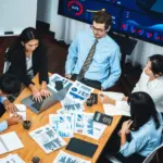 Business team analyzing charts and reports at a desk