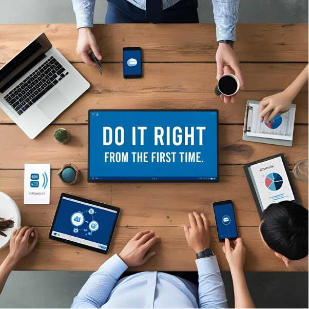 Overhead view of a workspace with a screen displaying "Do it right from the first time"